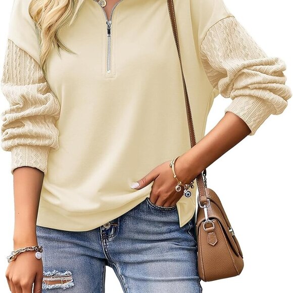 Womens Casual Long Sleeve Half Zip Sweatshirt Beige S